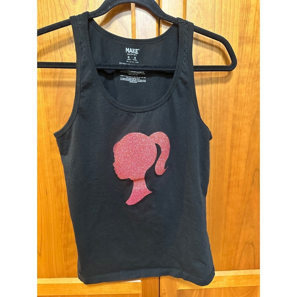 Make Market Black Cotton Tank Top Pink Glitter Silhouette Graphic‎ Womens Medium